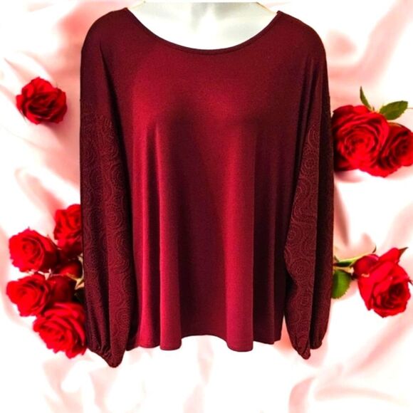 MICHAEL MICHAEL KORS Plus Size ruby red open knit lined longsleeve top 3X - Picture 2 of 13